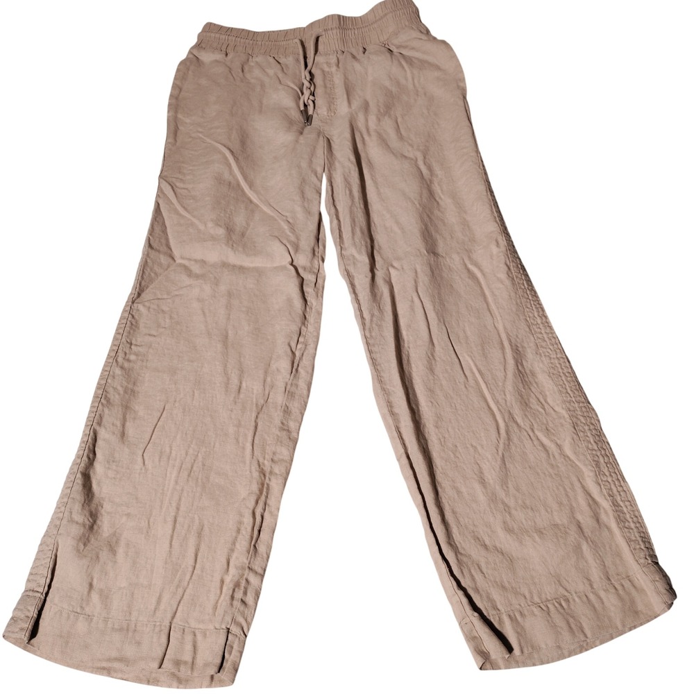 Quince 100% Linen Wide Leg Pants Oatmeal Beige Sz L Drawstring - Imperfect